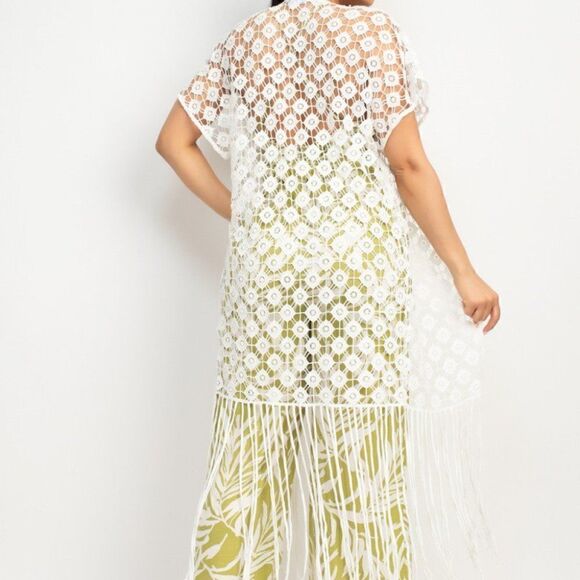 ‎Crocheted open-front fringe white kimono - Picture 4 of 5